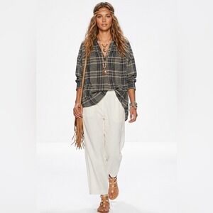 Free People Sequin Plaid Oversized Tunic Top Metallic V-Neck Black Gold XS